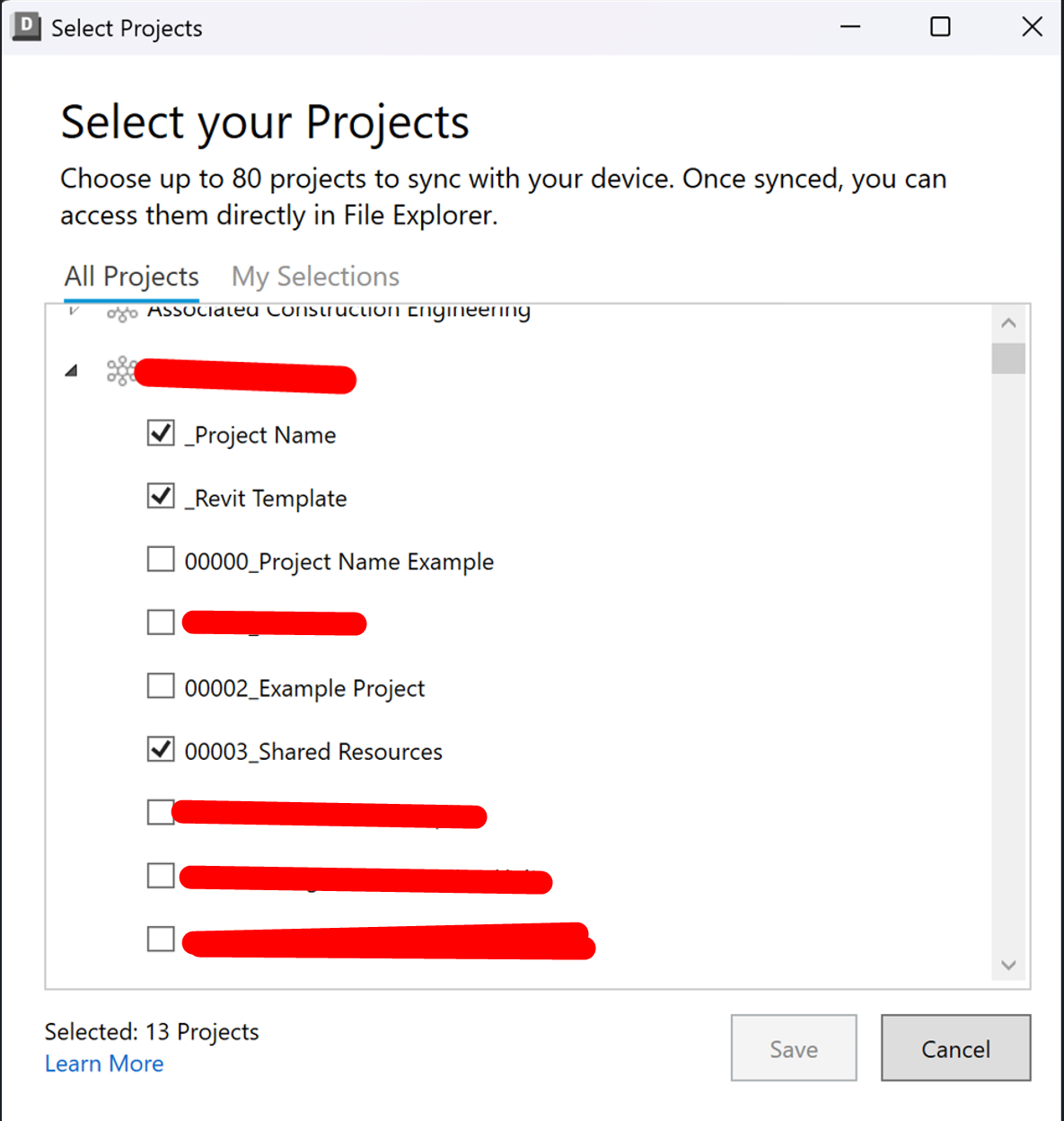 Desktop Connector Select Projects window with a list of Autodesk cloud projects