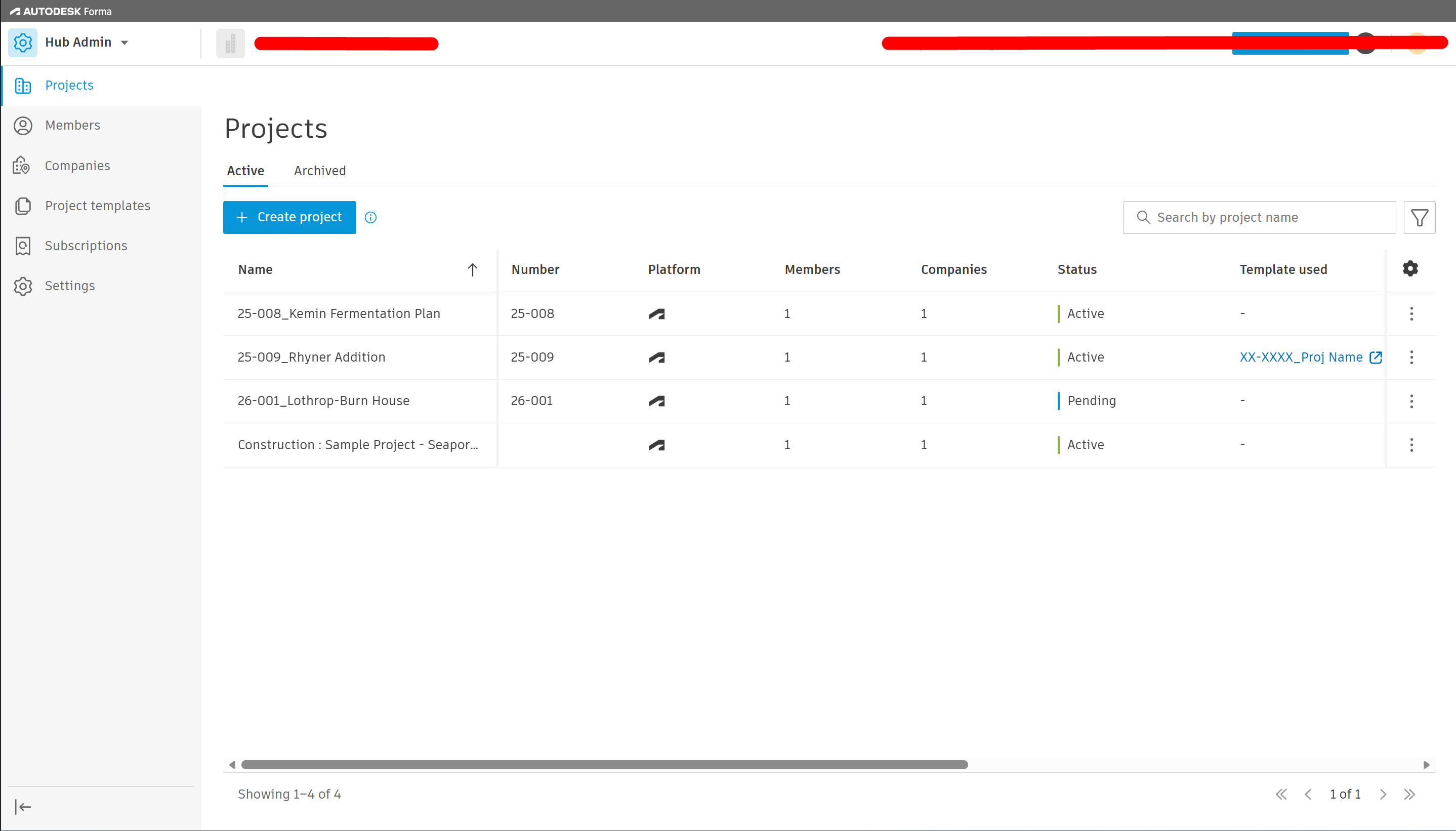 Autodesk Forma project admin interface showing the cloud project