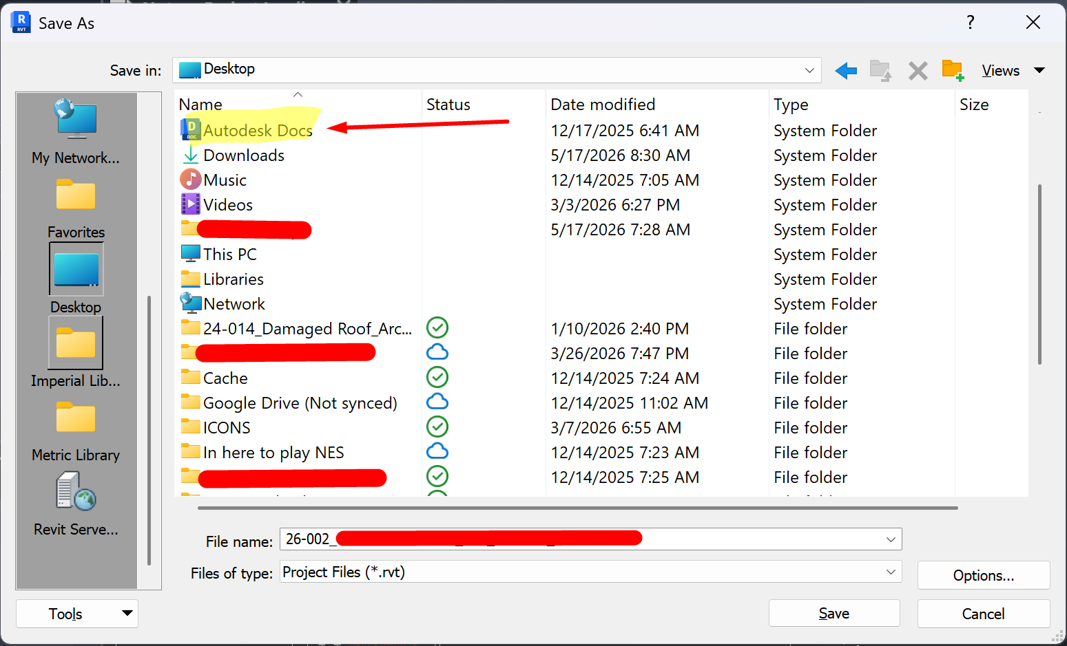 Revit Save As dialog showing Autodesk Docs as an available location