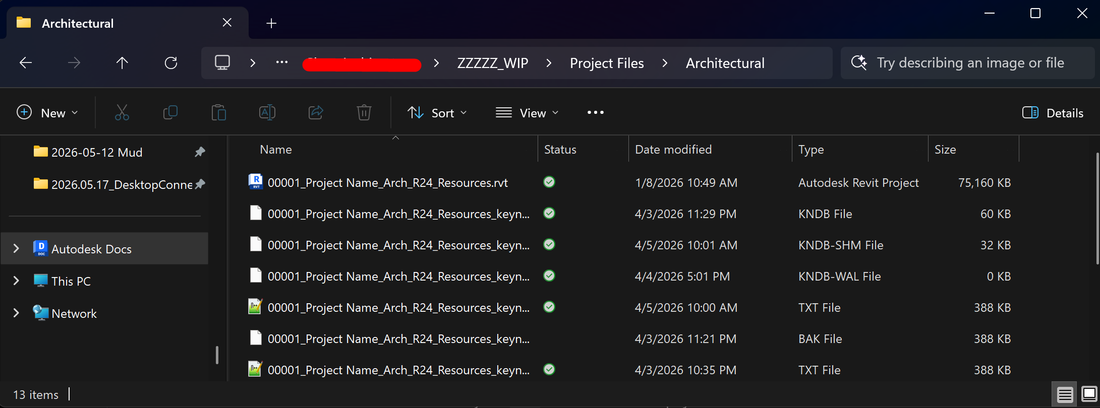 Windows File Explorer showing the Autodesk Docs project folder with Revit files