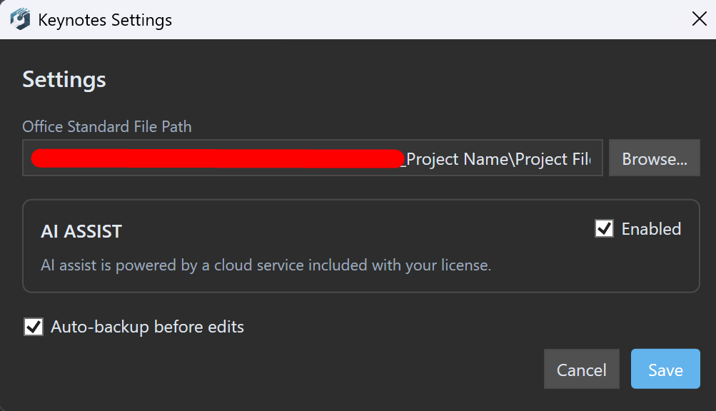 Smart Keynotes Settings dialog showing the AI Assist section with an Enabled checkbox