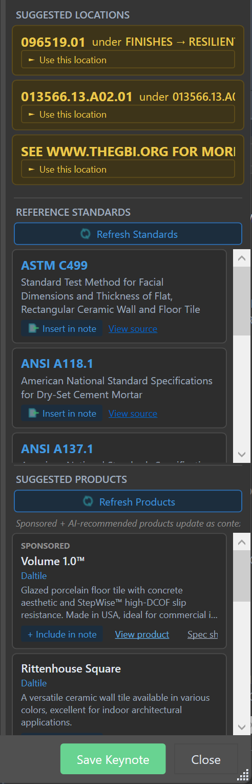 Smart Keynotes AI Suggestions panel showing reference standards (ASTM C499, ANSI A118.1) with Insert in note and View source buttons, plus suggested products with spec sheet links