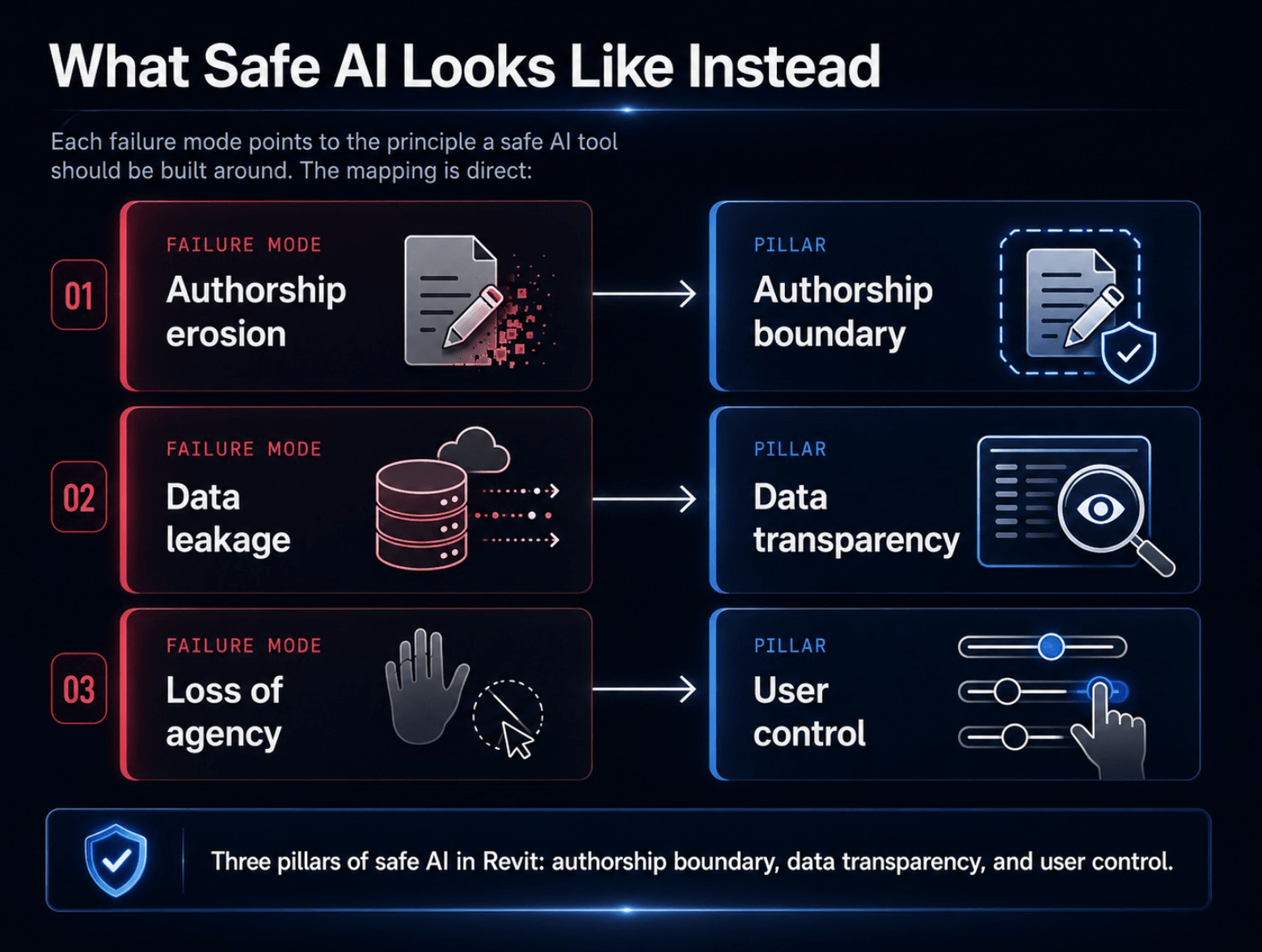 Diagram mapping three failure modes of AI in design tools to three corresponding pillars of safe AI. (1) Authorship erosion maps to Authorship boundary. (2) Data leakage maps to Data transparency. (3) Loss of agency maps to User control. Summary: the three pillars of safe AI in Revit are authorship boundary, data transparency, and user control.