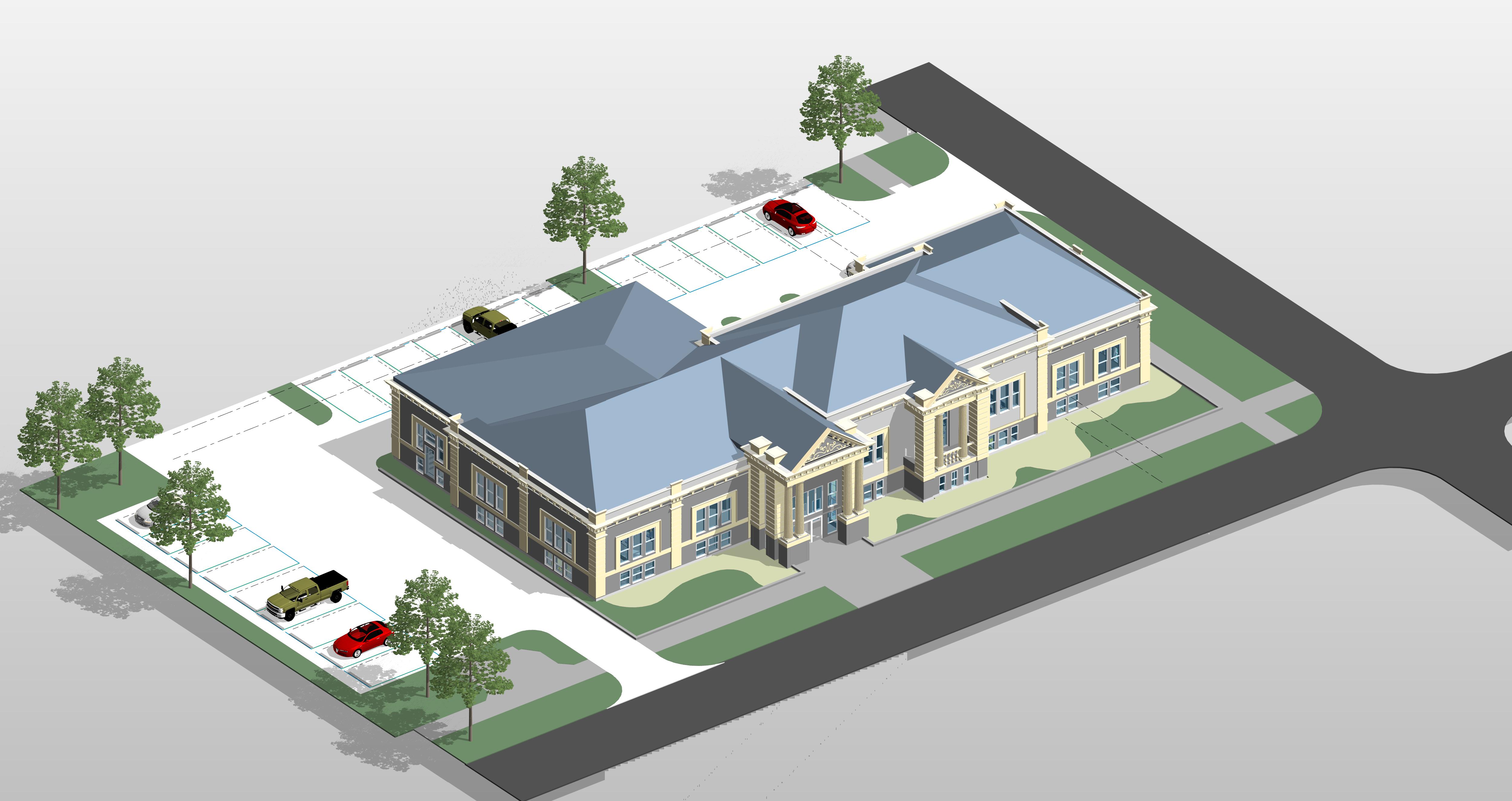 A Revit 3D axonometric view of a fully modeled single-story civic building with masonry walls, hip roofs, parking, and a landscaped site.
