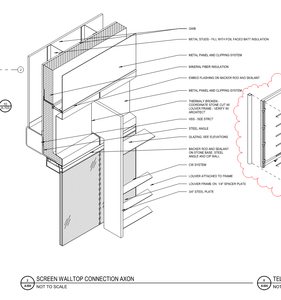 A highly detailed axonometric construction detail of a screen-wall top connection, with many leader notes calling out metal panels, clip systems, insulation, sealant, and fasteners.