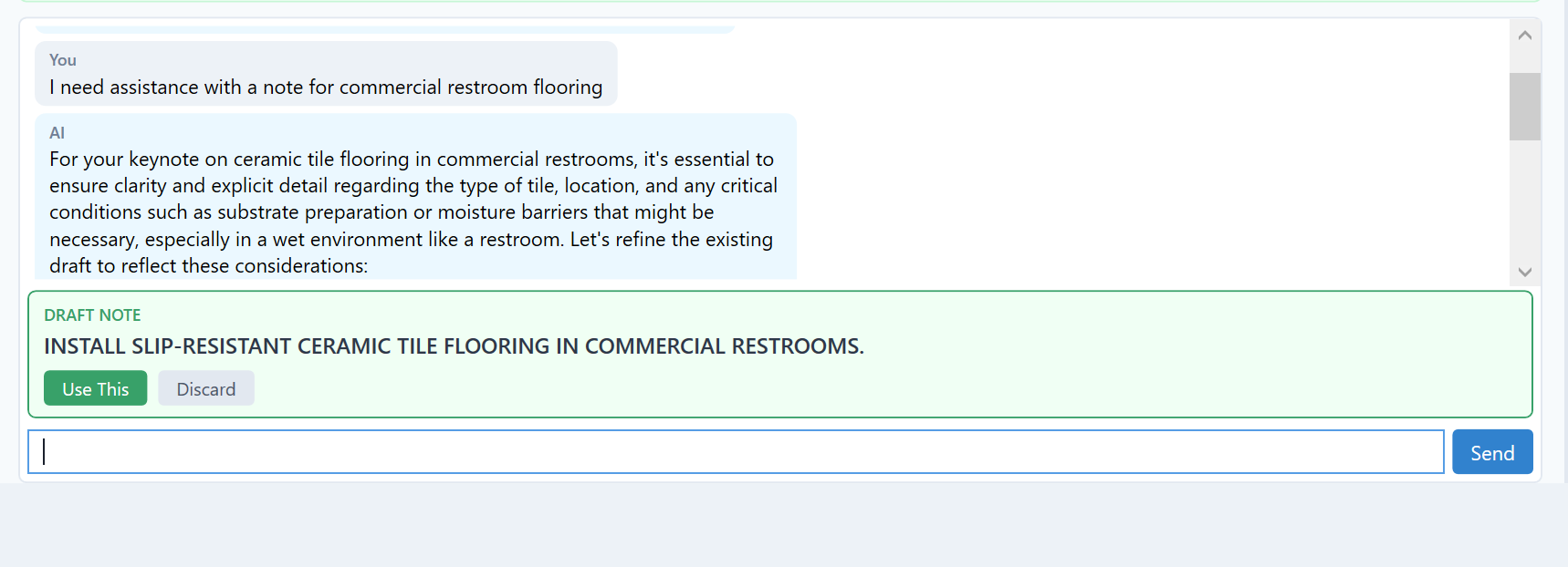 AI Discuss chat showing a conversation about commercial restroom flooring keynote text