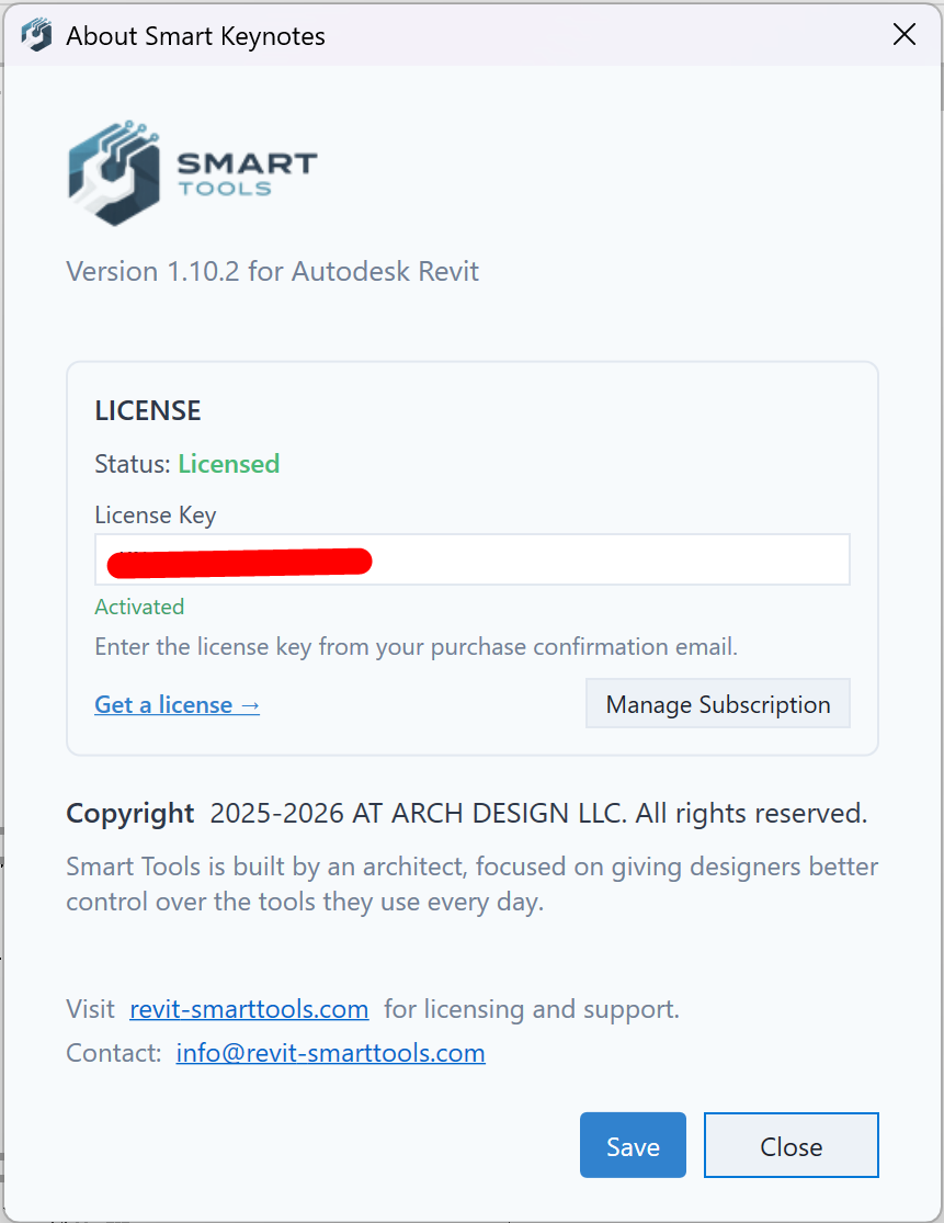 About Smart Keynotes dialog showing version, license status, license key field, and Manage Subscription button