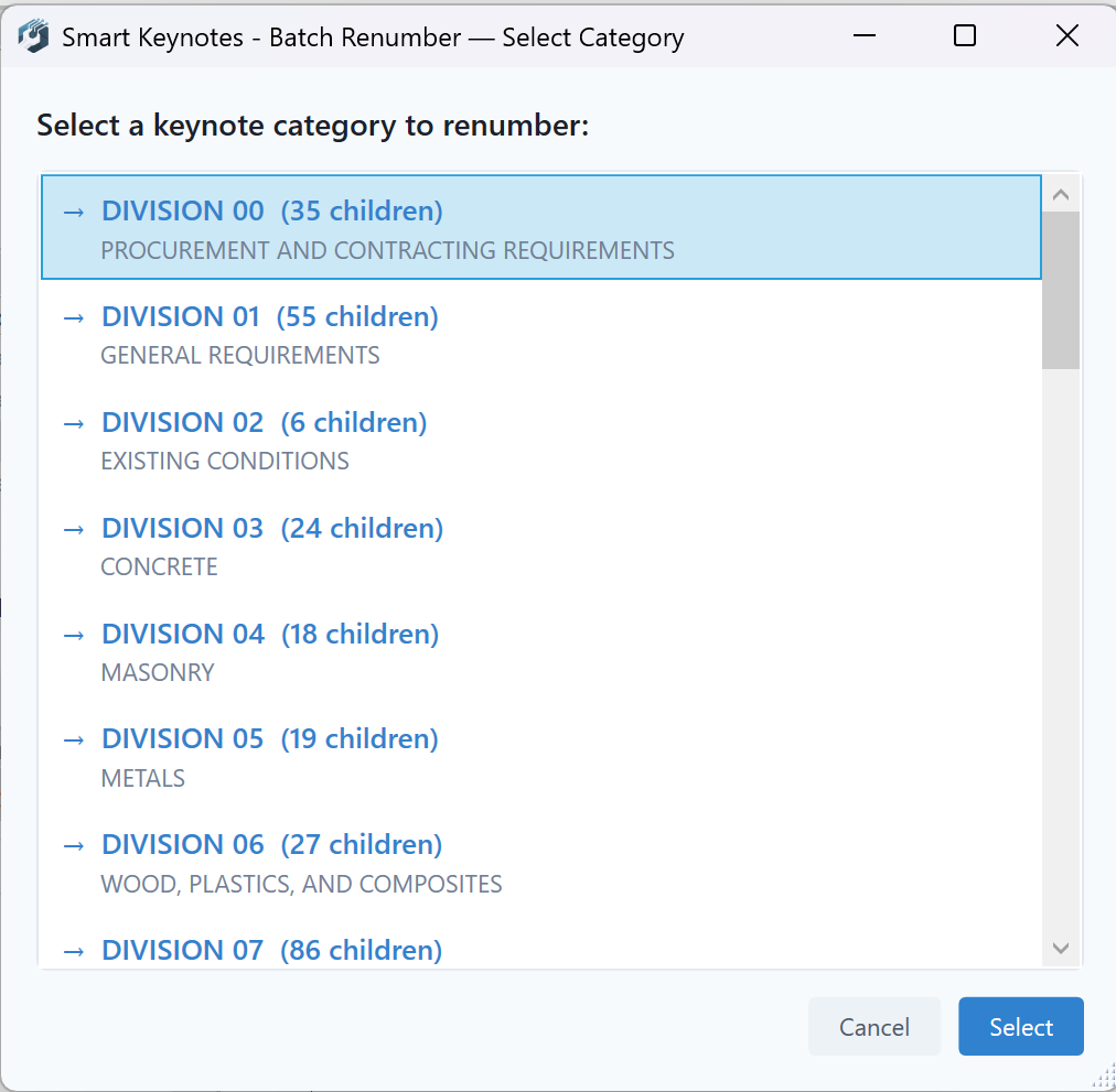 Batch Renumber category selection showing divisions with child counts