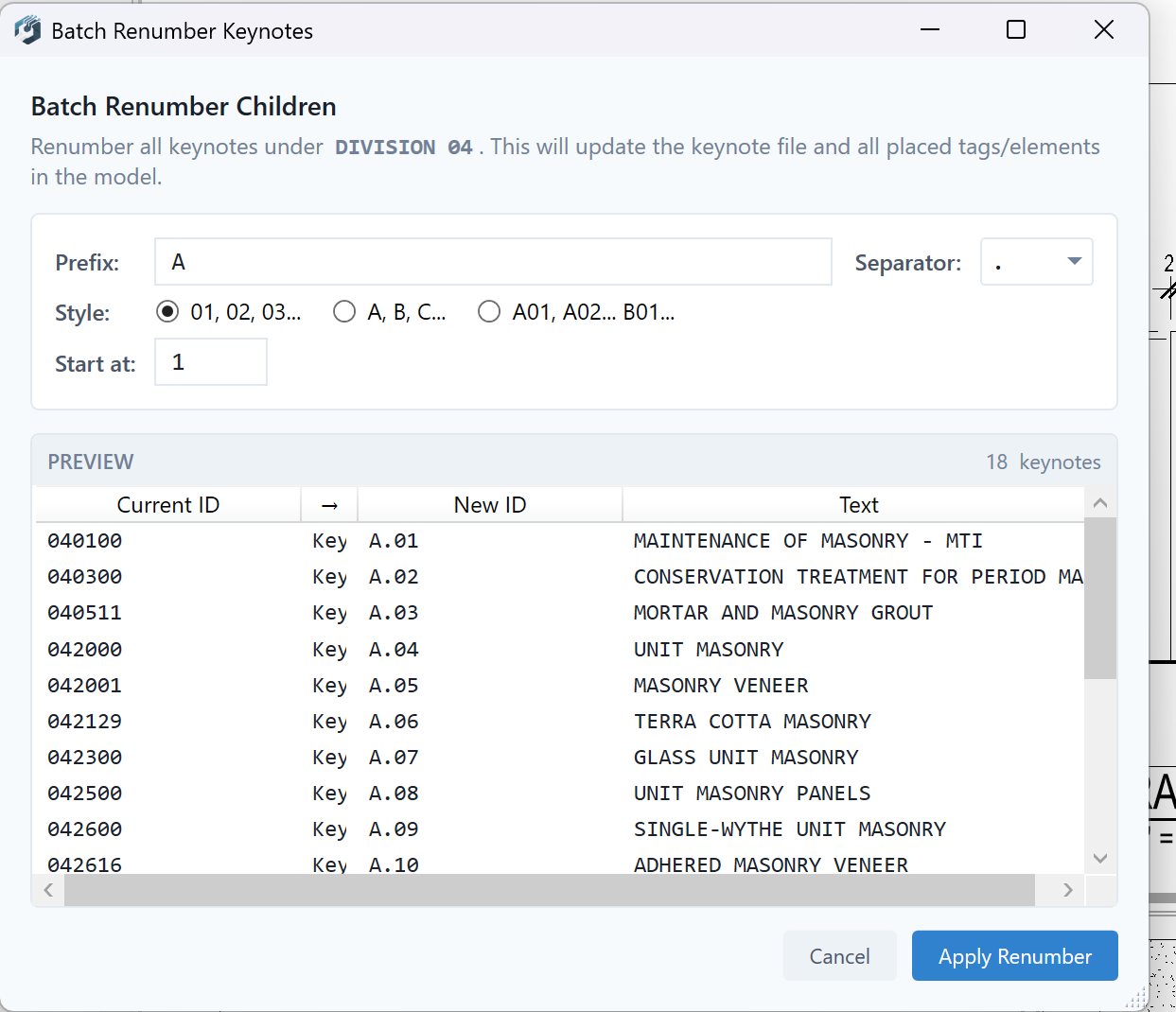 Batch Renumber configuration with prefix, style, preview table showing Current ID to New ID mapping