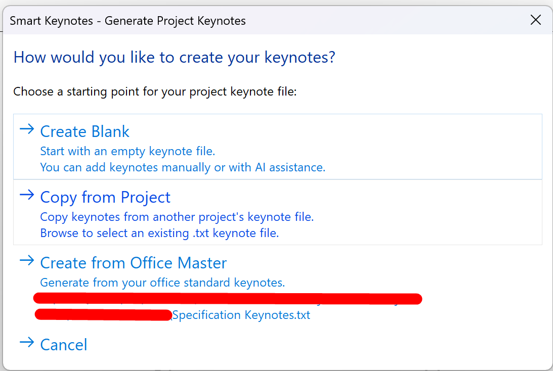 Generate Project Keynotes dialog with Create Blank, Copy from Project, and Create from Office Master options