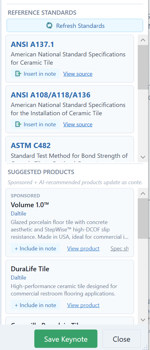 Reference standards (ANSI, ASTM, IBC) and suggested products panel