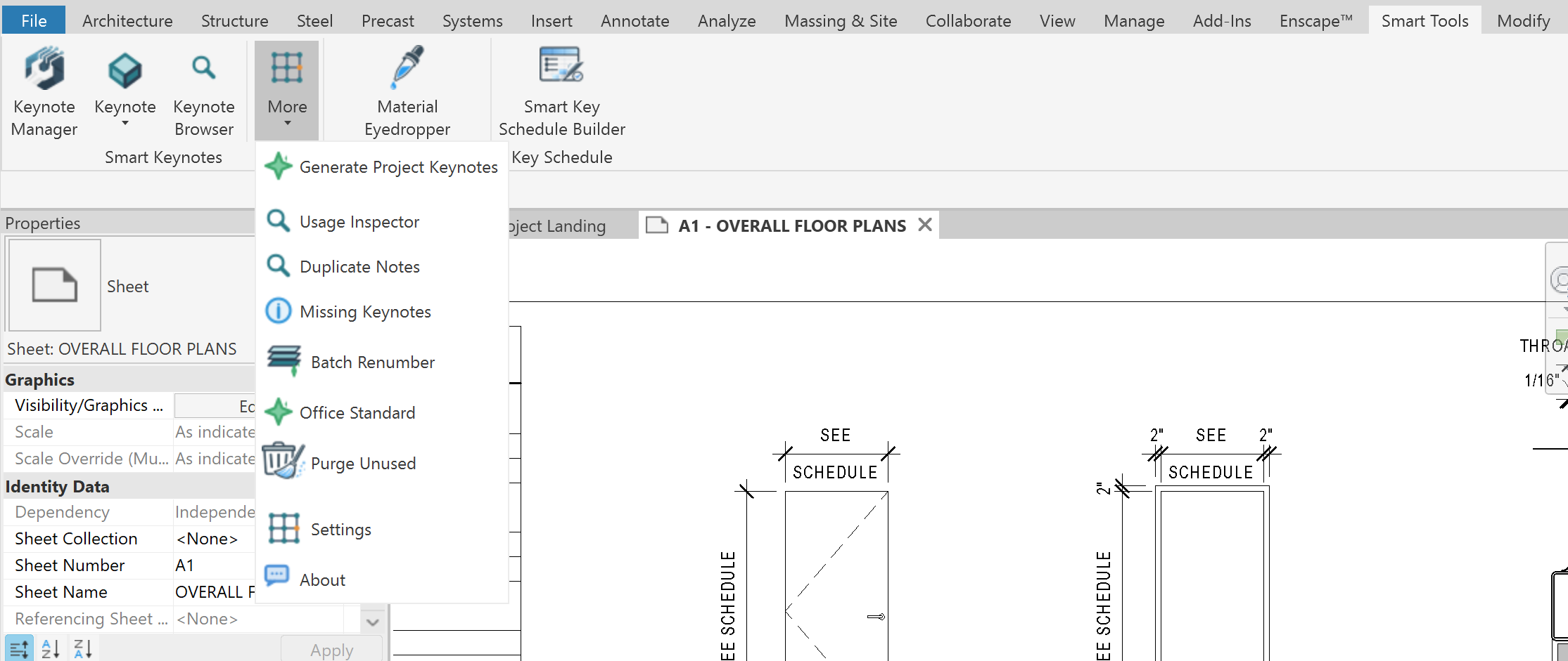 Smart Tools ribbon tab in Revit showing Keynote Manager, Keynote Browser, and More dropdown