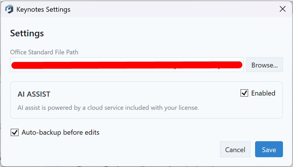 Settings dialog showing Office Standard File Path, AI Assist toggle, and Auto-backup option