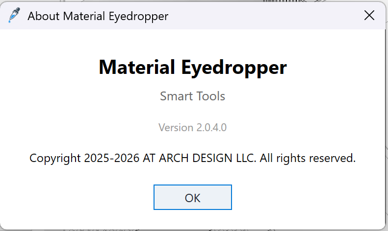 The About Material Eyedropper window showing the Smart Tools family name, version number, and AT ARCH DESIGN LLC copyright