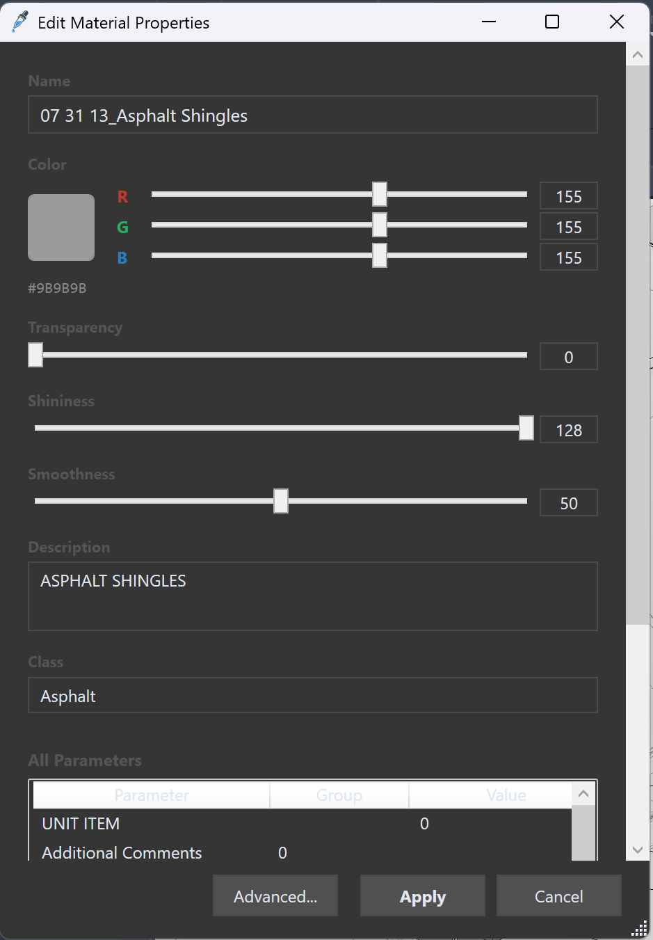 The Edit Material Properties window with name, RGB color sliders, transparency, shininess, smoothness, description, class, and an all-parameters list