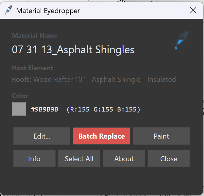 Material Eyedropper dialog in Revit dark theme showing a sampled asphalt shingle material with its host roof element and gray color swatch