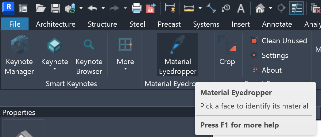 The Smart Tools ribbon tab in Revit with the Material Eyedropper button highlighted next to Smart Keynotes and Smart Crop, and its tooltip showing Press F1 for more help