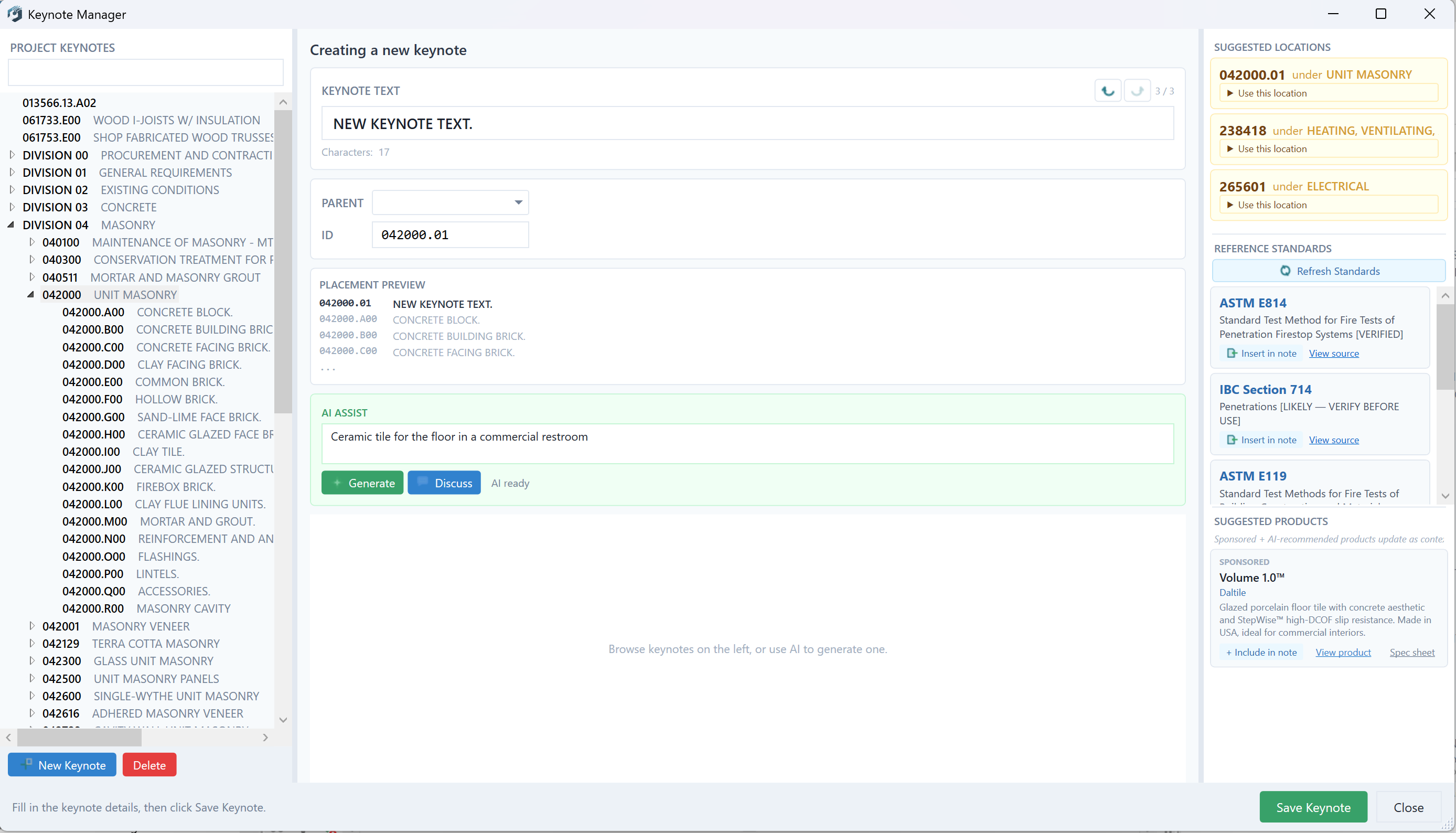 Keynote Manager showing project keynotes tree, new keynote form, suggested locations, reference standards, and suggested products