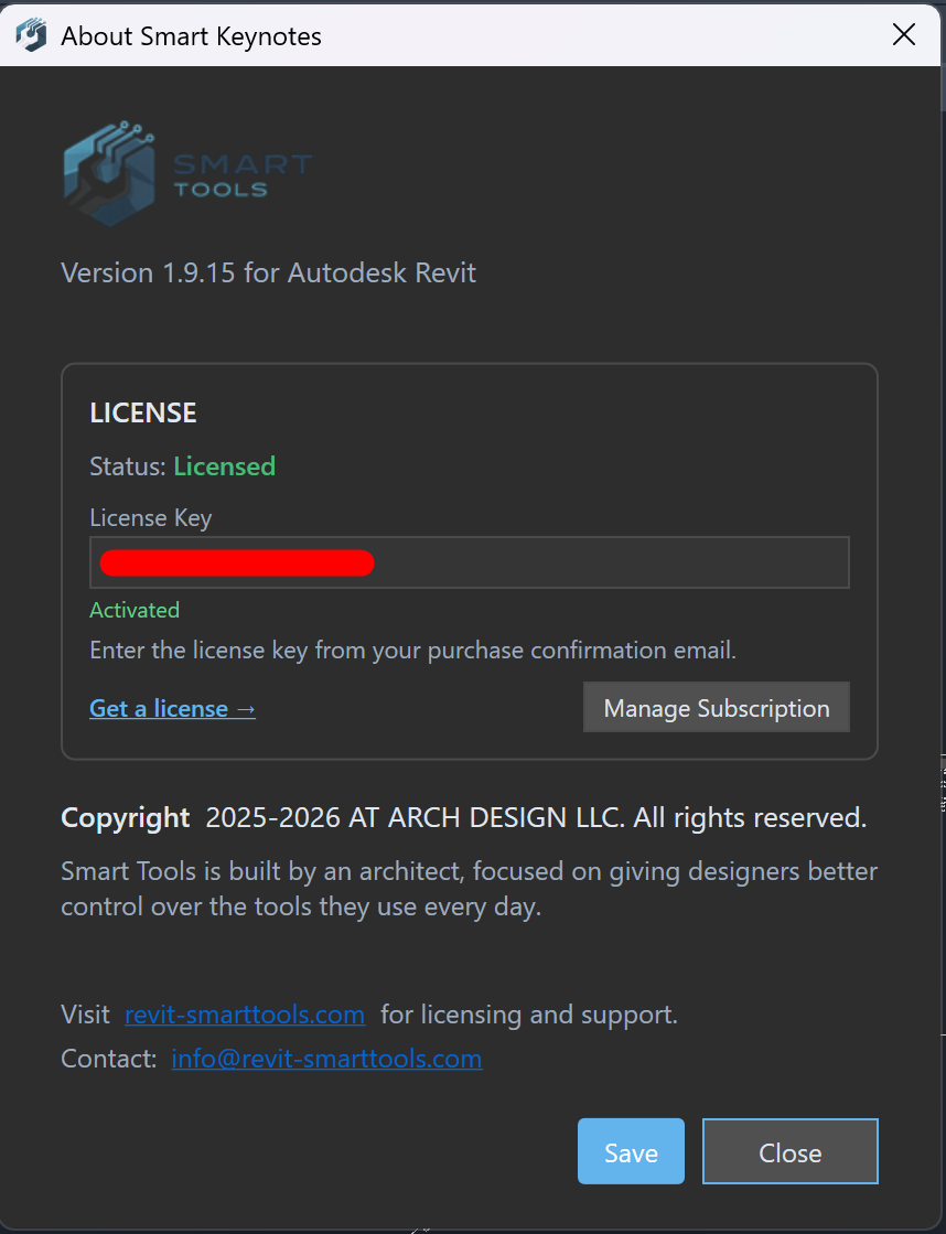 About dialog — paste license key here