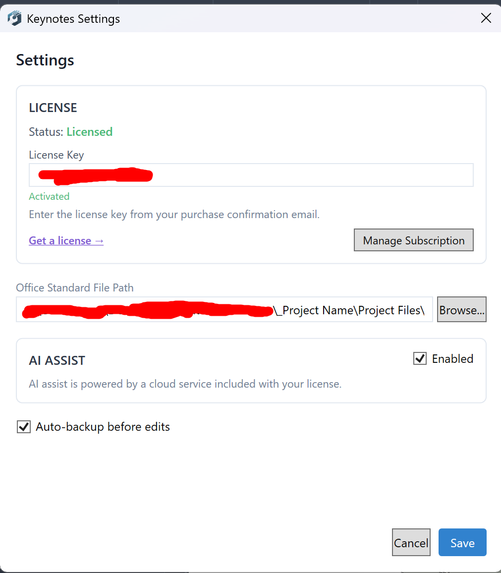Settings panel — paste license key here